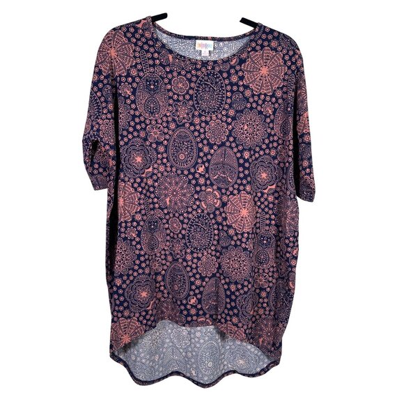 LuLaRoe IRMA Easter Egg Paisley Floral Navy Coral Hi-Low Tunic Top Shirt SMALL S - Picture 1 of 6